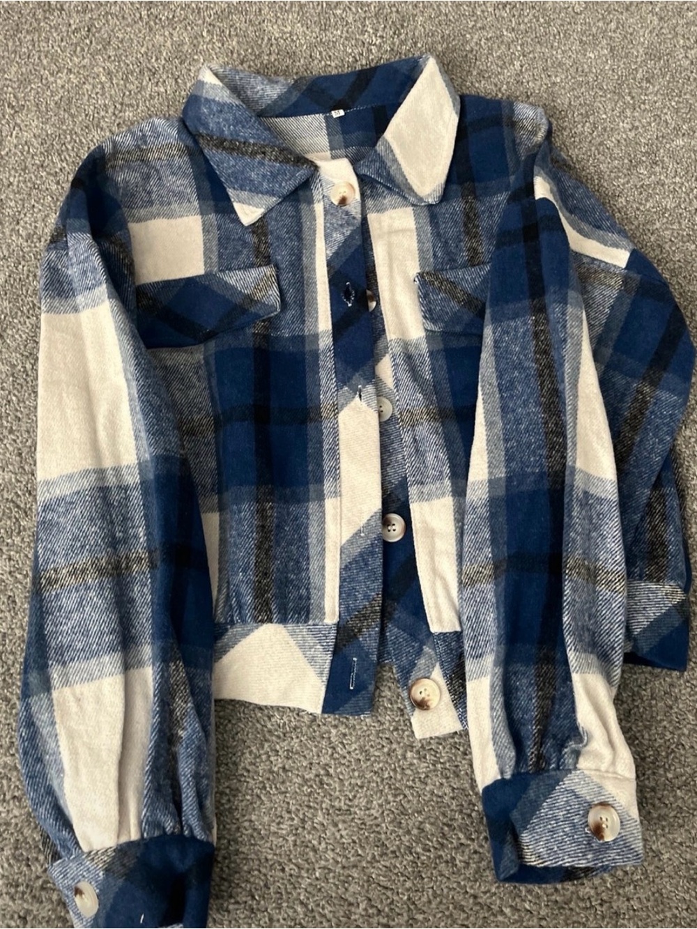 Blue Plaid Button-Up Shirt Jacket with Virgin Mary print